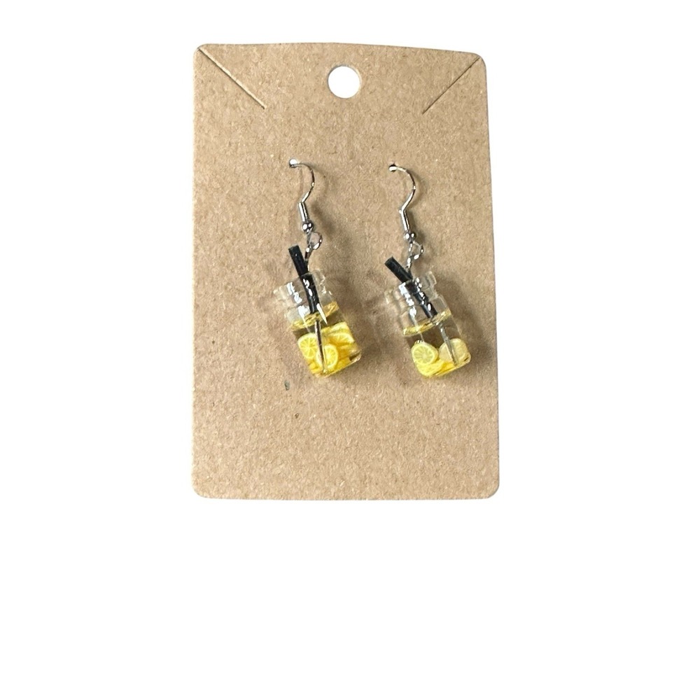 Handmade Lemon Water Jar Drop Earrings Miniature Drink Dangle Yellow Silver Tone